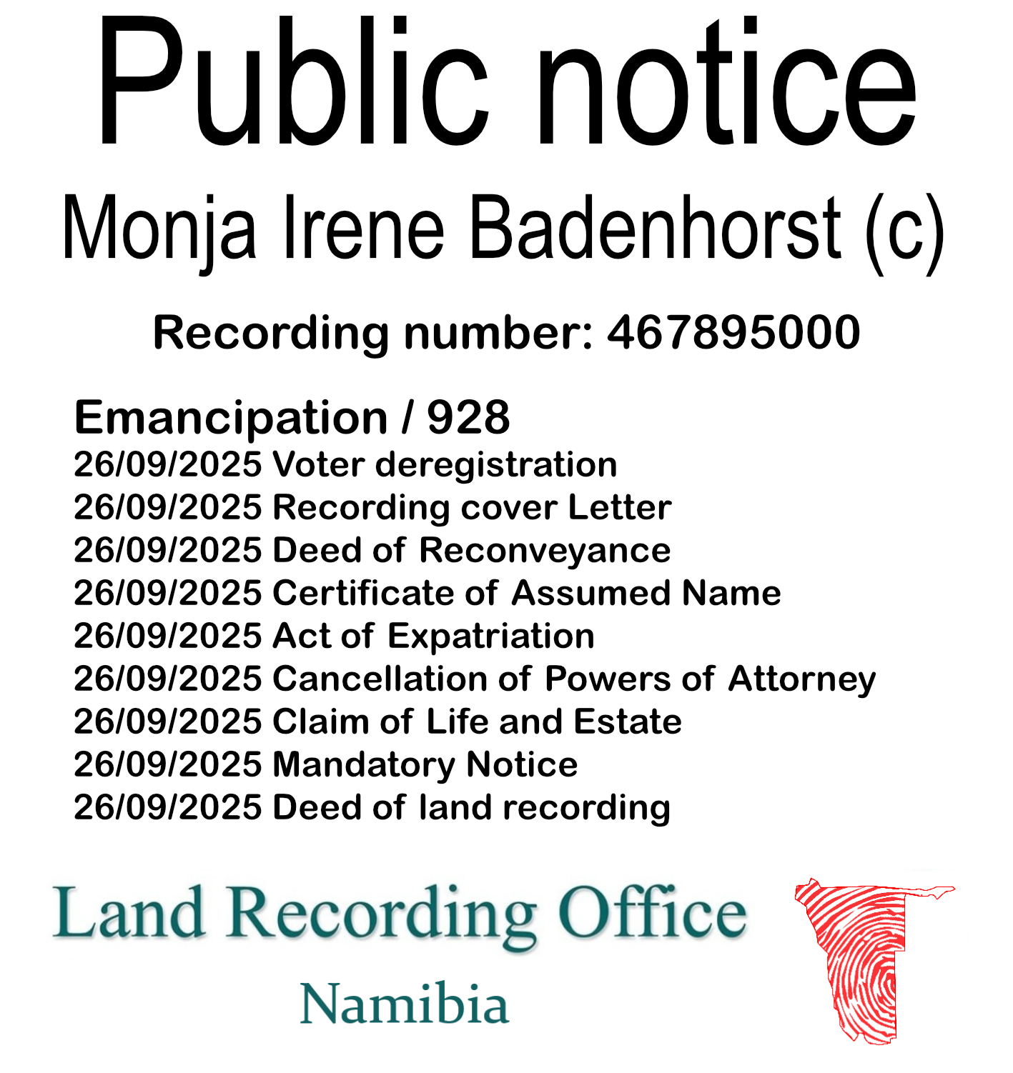 Public Notice Monja Irene Badenhorst Recording Number 467895000